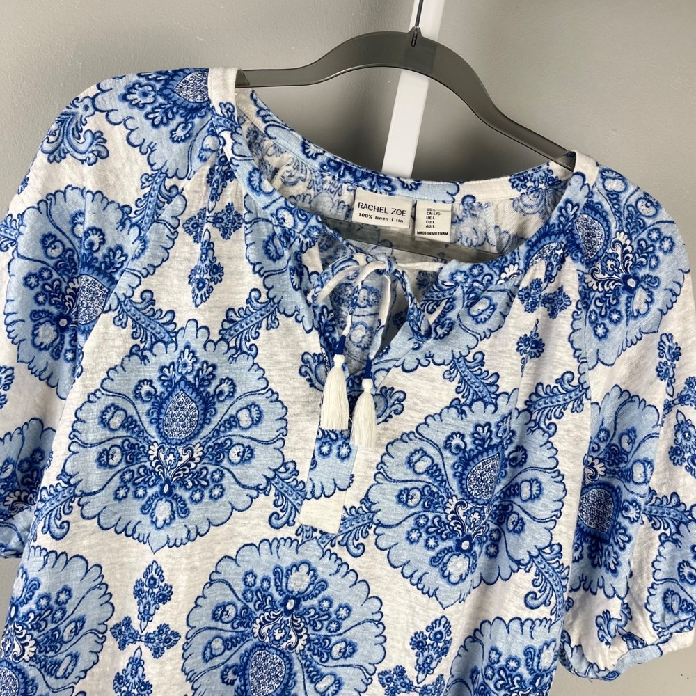 Rachel Zoe Linen Top Womens L Cropped Blue White Floral Print Coastal Resort